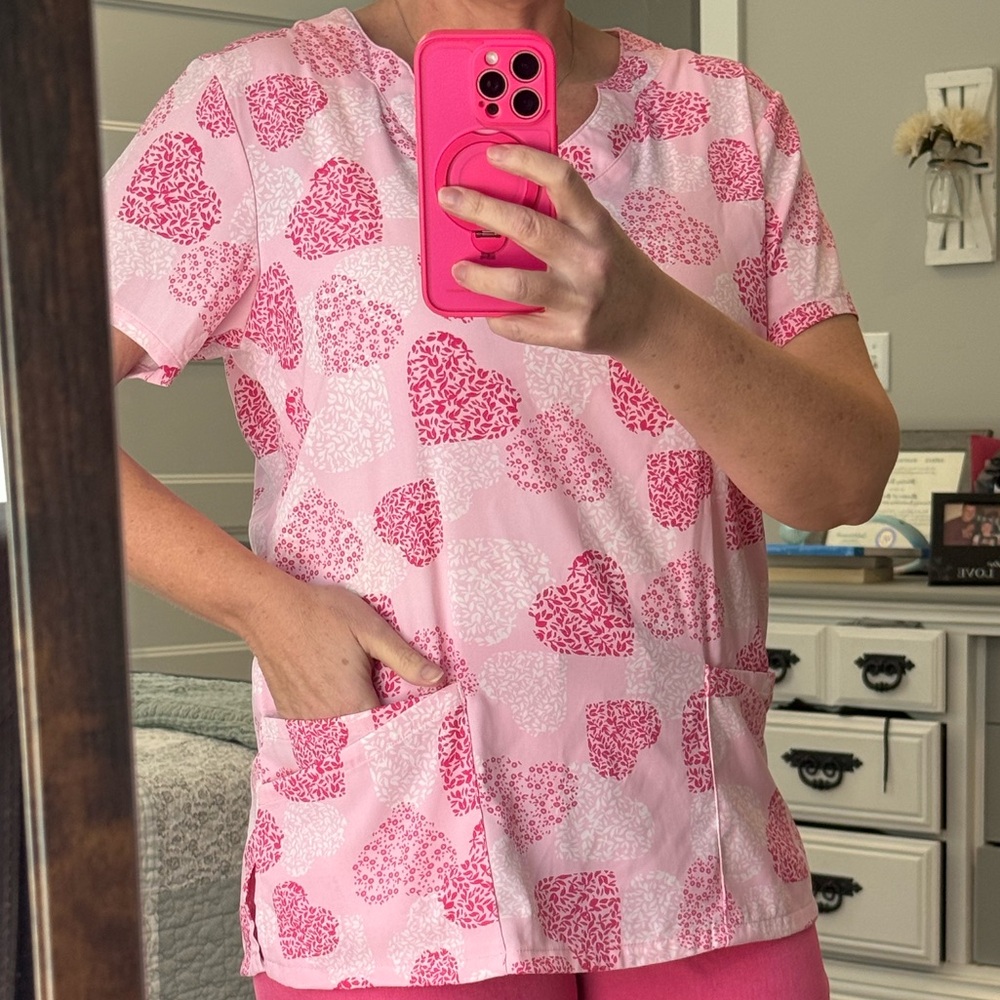 Pink Heart Patterned Scrub Top by Butter-soft